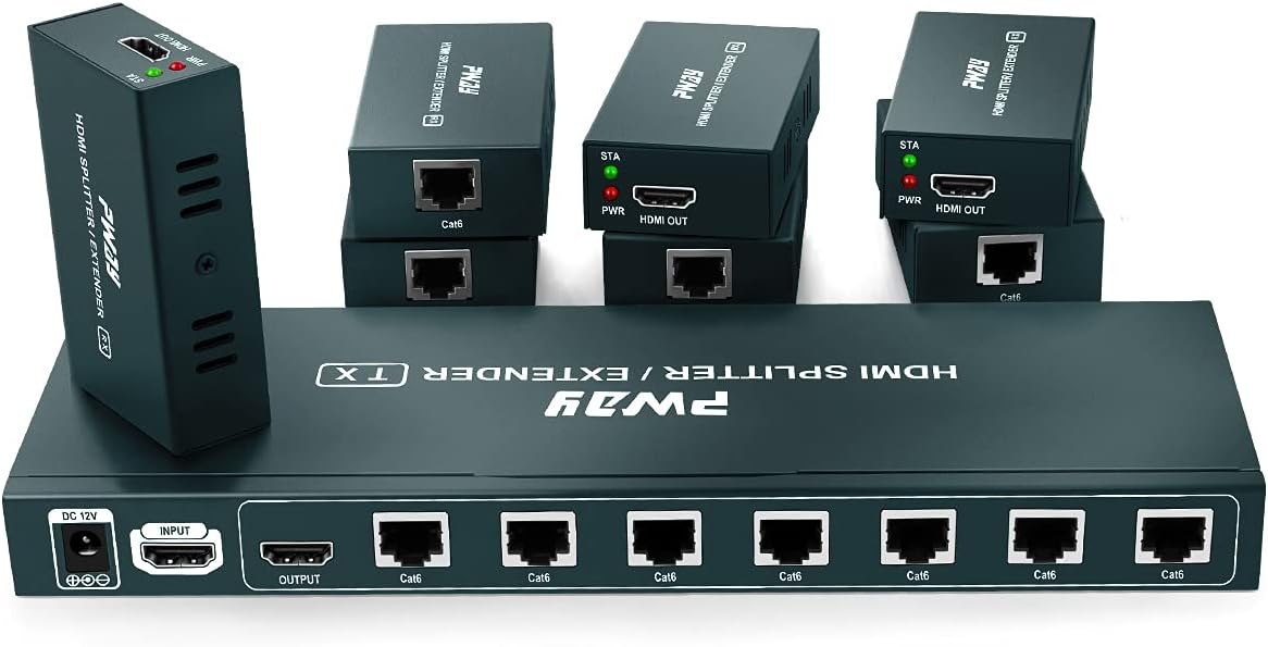 GREATHTEK HDMI Extender Splitter 1x7 7 Port Over CAT5E/CAT6/CAT7 Ethernet Cable with an HDMI Loop Out & POC Function & EDID Management –Up to 50m (165ft) at 1080p 60Hz
