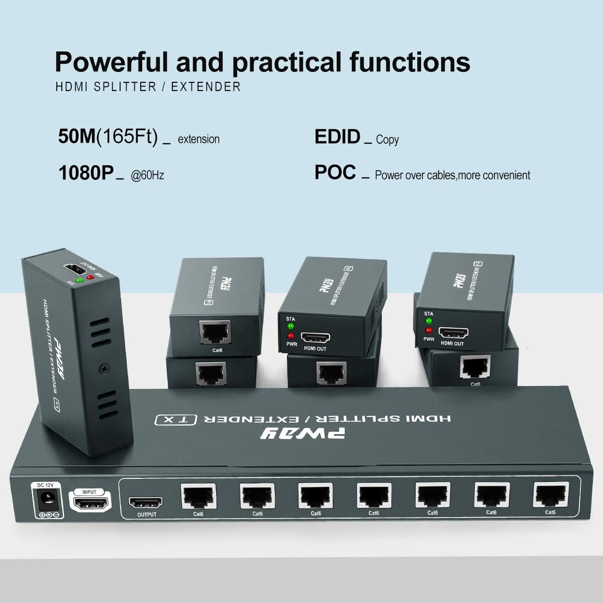 GREATHTEK HDMI Extender Splitter 1x7 7 Port Over CAT5E/CAT6/CAT7 Ethernet Cable with an HDMI Loop Out & POC Function & EDID Management –Up to 50m (165ft) at 1080p 60Hz