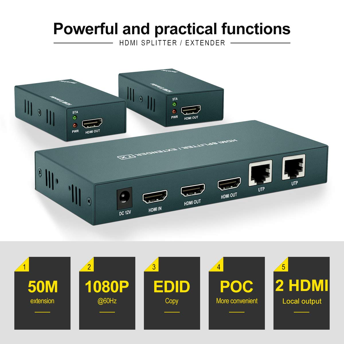 PWAY HDMI Extender and Splitter Bundle, 1080P@60Hz Over CAT5e/CAT6/CAT7 Cable, EDID and POC Supported, Extends Up to 164ft/165ft (50m), 3 Receivers with 2 Transmitter for Home Theater, Conference Room