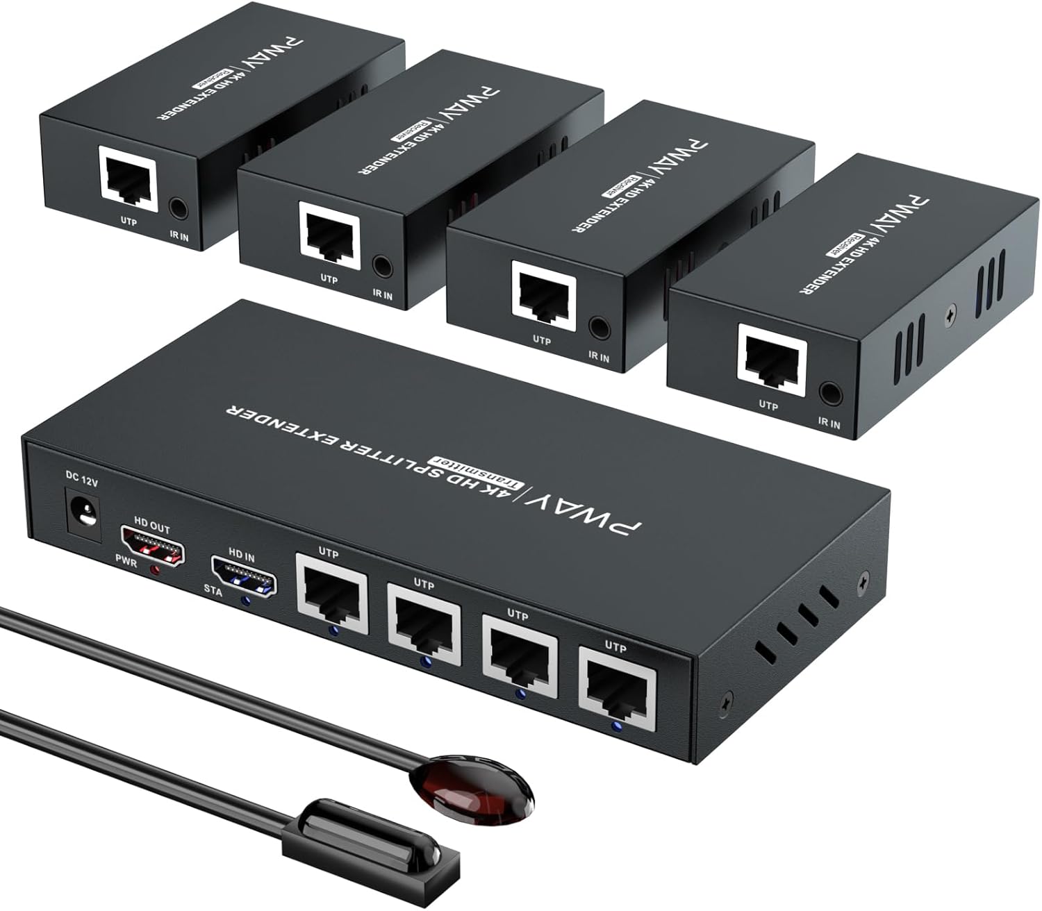 HDMI Extender Splitter 1x4 HD 4K @60Hz Over CAT5/CAT6/CAT7 Ethernet Cable–Up to 196ft-Loop Out-Equipped with IR POC and EDID