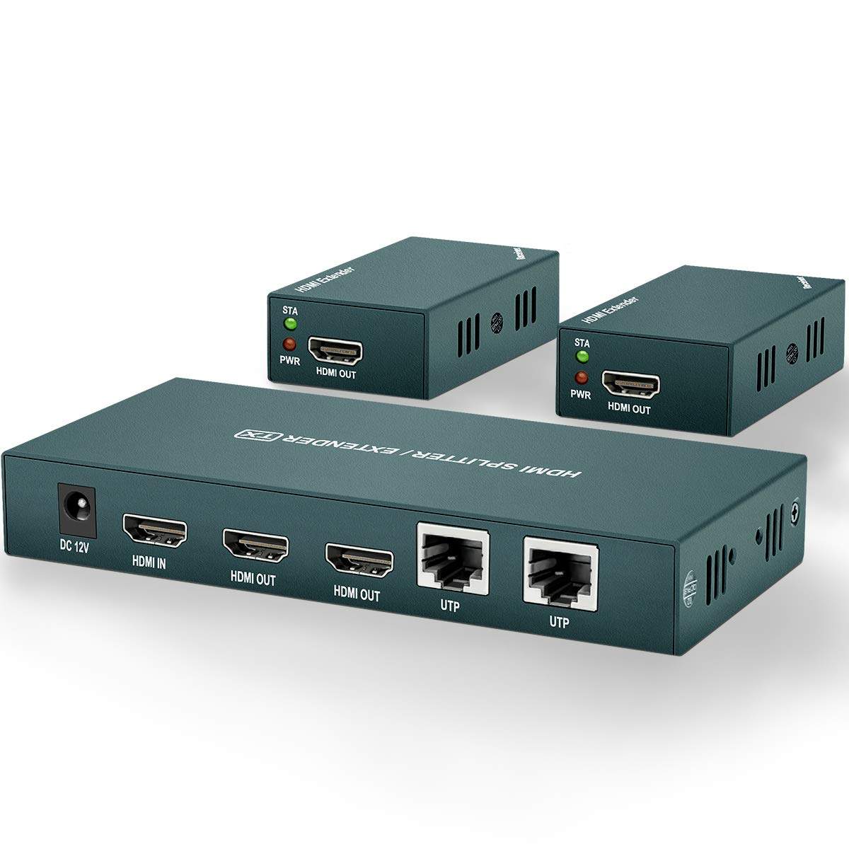 PWAY HDMI Extender and Splitter Bundle, 1080P@60Hz Over CAT5e/CAT6/CAT7 Cable, EDID and POC Supported, Extends Up to 164ft/165ft (50m), 3 Receivers with 2 Transmitter for Home Theater, Conference Room