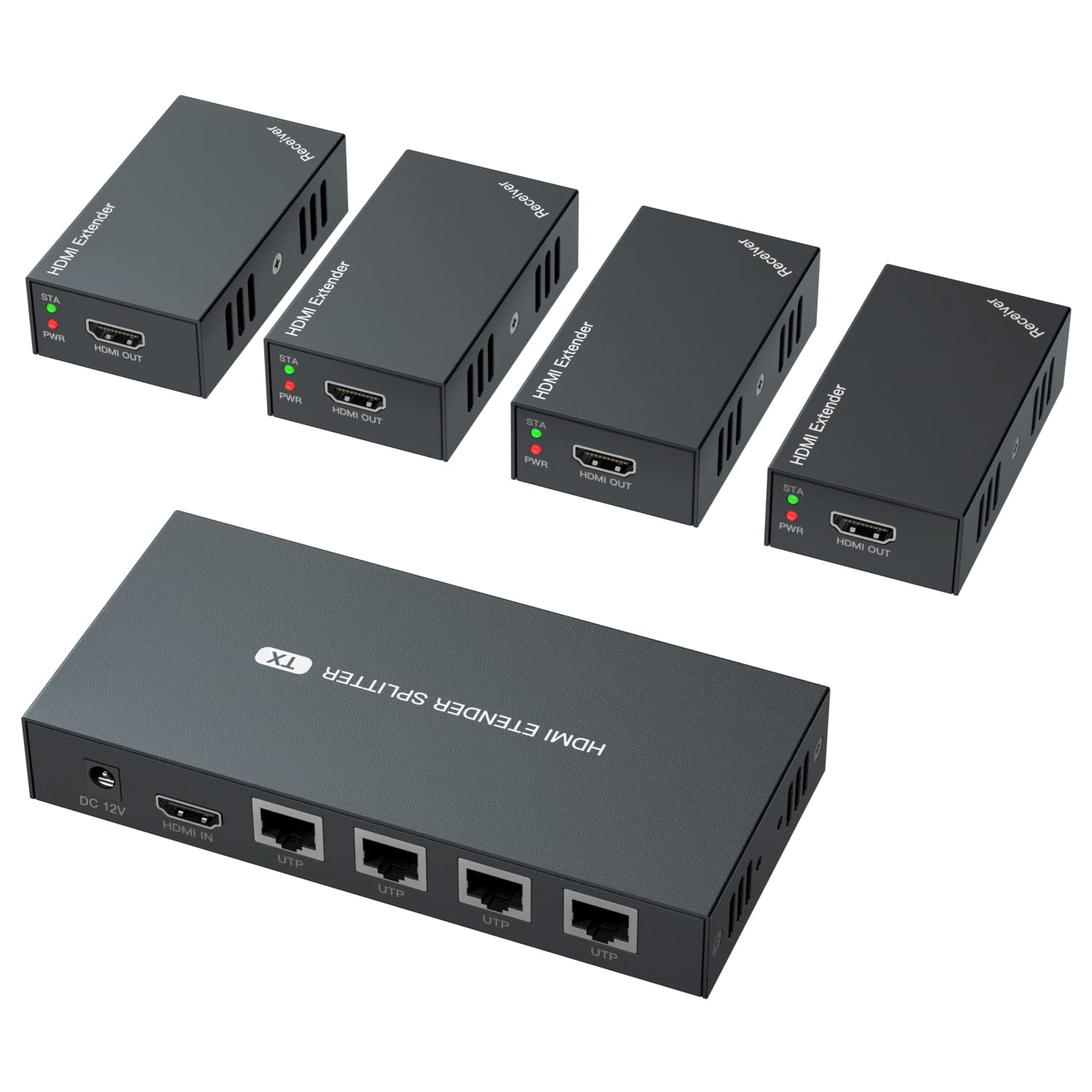 HDMI Extender Splitter 1x4 HD 4K @60Hz Over CAT5/CAT6/CAT7 Ethernet Cable–Up to 196ft-Loop Out-Equipped with IR POC and EDID