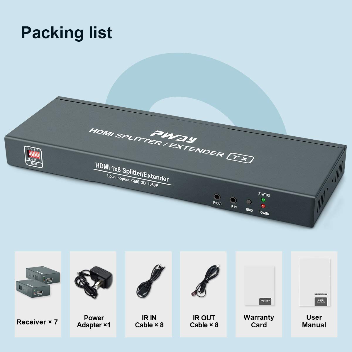 1080p 1x7 7 Port HDMI Extender Splitter Over CAT6/CAT6a/CAT7 Ethernet Cable with an HDMI Loop out & Bi-Directional IR Remote Control &EDID Management(1 in 7 Out) –Up to 50m (165ft) at 1080p 60Hz