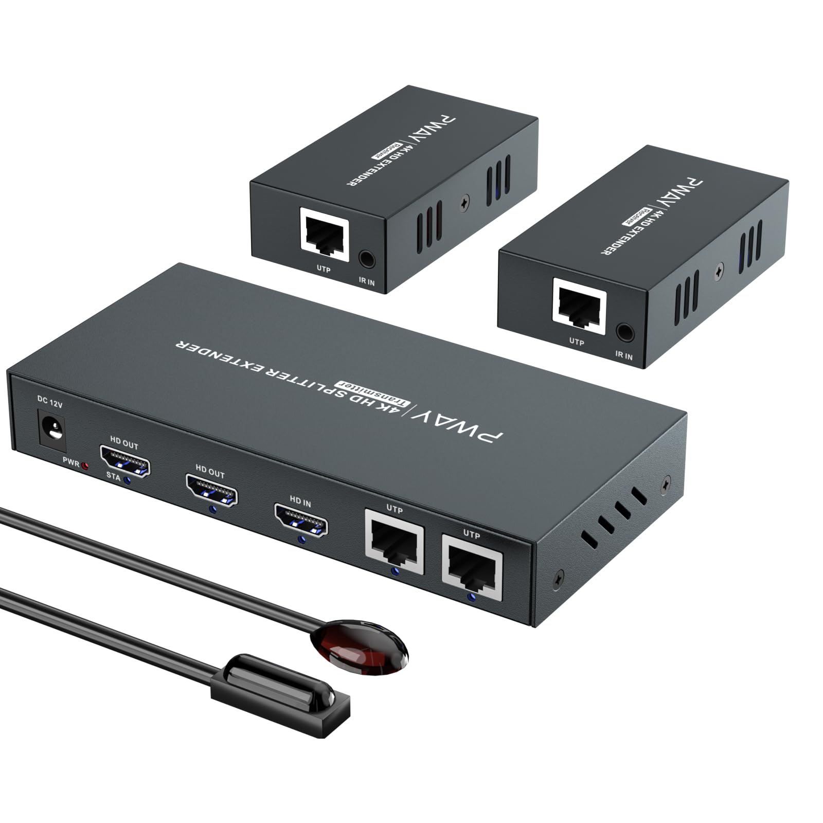 HDMI Extender Splitter 1x4 HD 4K @60Hz Over CAT5/CAT6/CAT7 Ethernet Cable–Up to 196ft-Loop Out-Equipped with IR POC and EDID