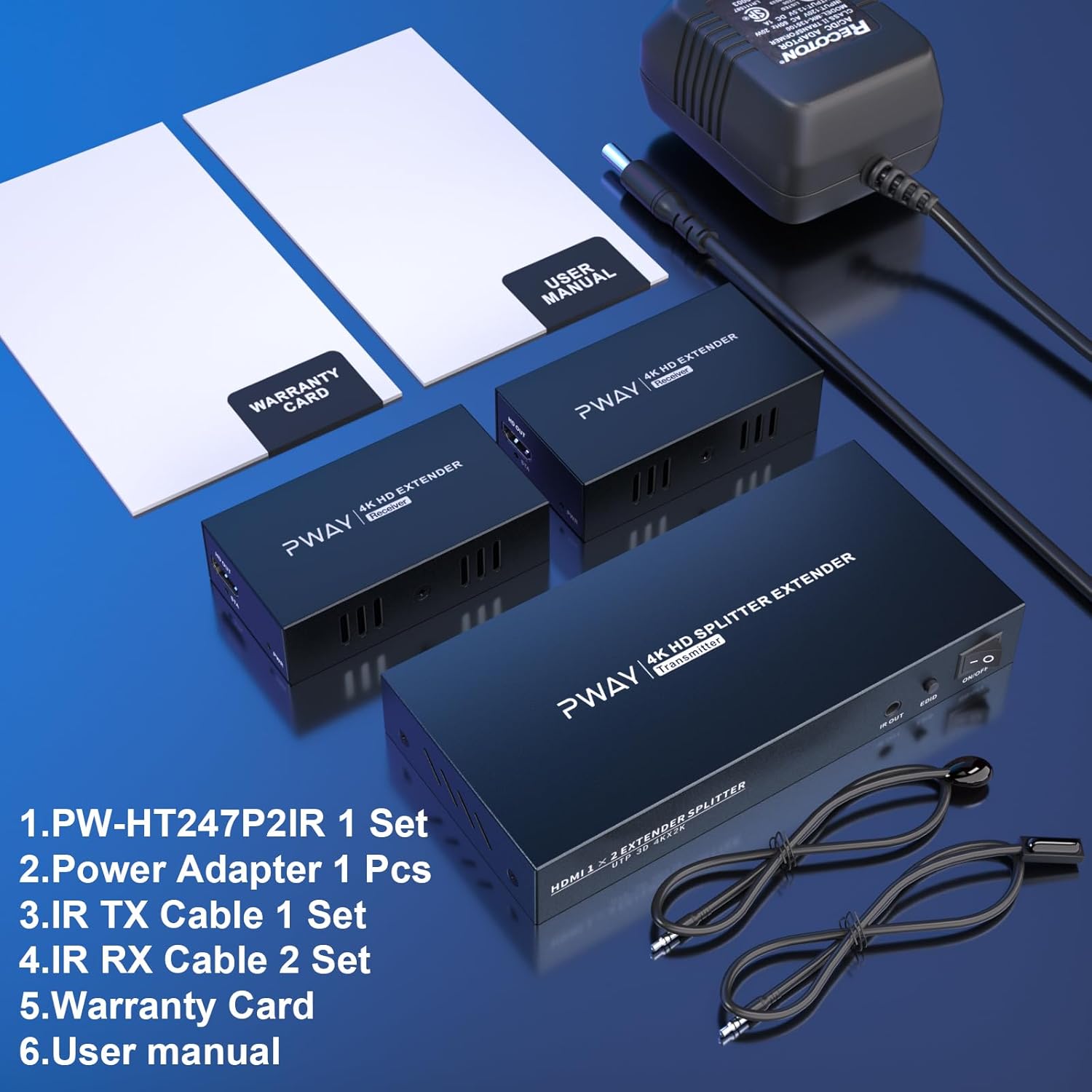 HDMI Extender Splitter1x2 HD 4K @60Hz up to 60m(196ft)-Loop Out-Over CAT5/CAT6/CAT7 Cable HDMI Transmitter and Receiver with IR Power Switch and EDID