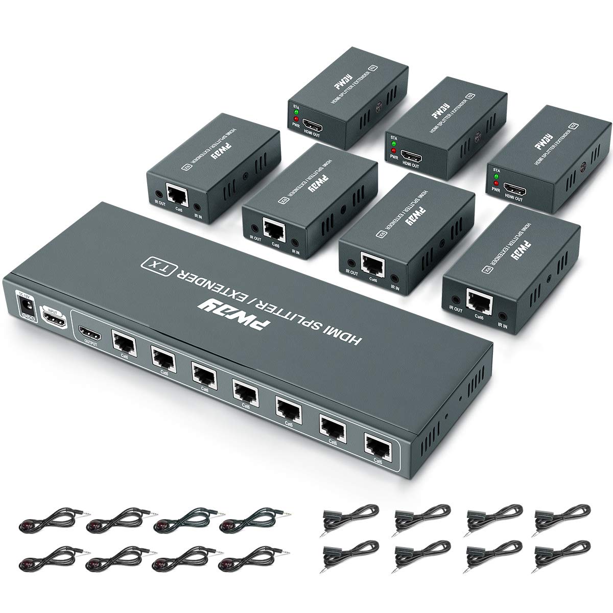 1080p 1x7 7 Port HDMI Extender Splitter Over CAT6/CAT6a/CAT7 Ethernet Cable with an HDMI Loop out & Bi-Directional IR Remote Control &EDID Management(1 in 7 Out) –Up to 50m (165ft) at 1080p 60Hz