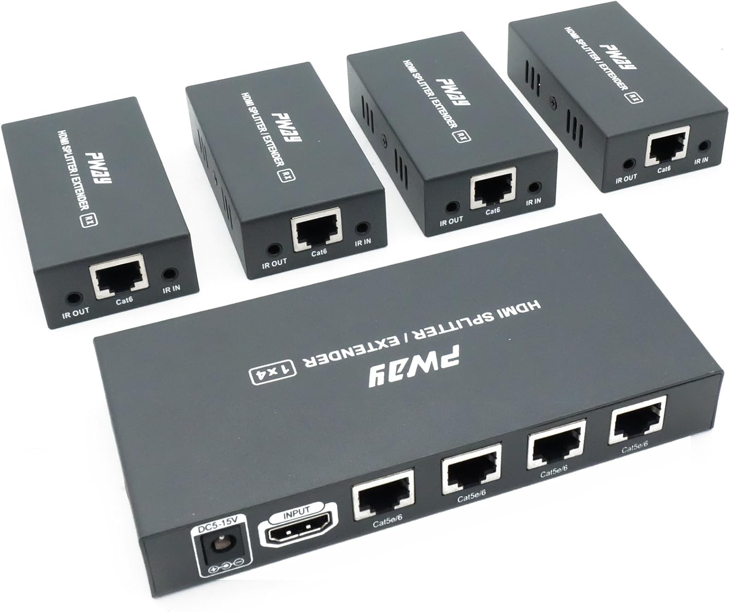 PW-HTS0104IR(POC) HDMI Splitter Extender 1X4 Port Over Cat5e/Cat6 Ethernet Cable With IR Remote Control No delay Up to 60m(196ft) and Resolution Up to 1080P