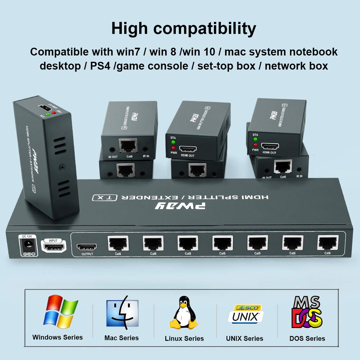1080p 1x7 7 Port HDMI Extender Splitter Over CAT6/CAT6a/CAT7 Ethernet Cable with an HDMI Loop out & Bi-Directional IR Remote Control &EDID Management(1 in 7 Out) –Up to 50m (165ft) at 1080p 60Hz