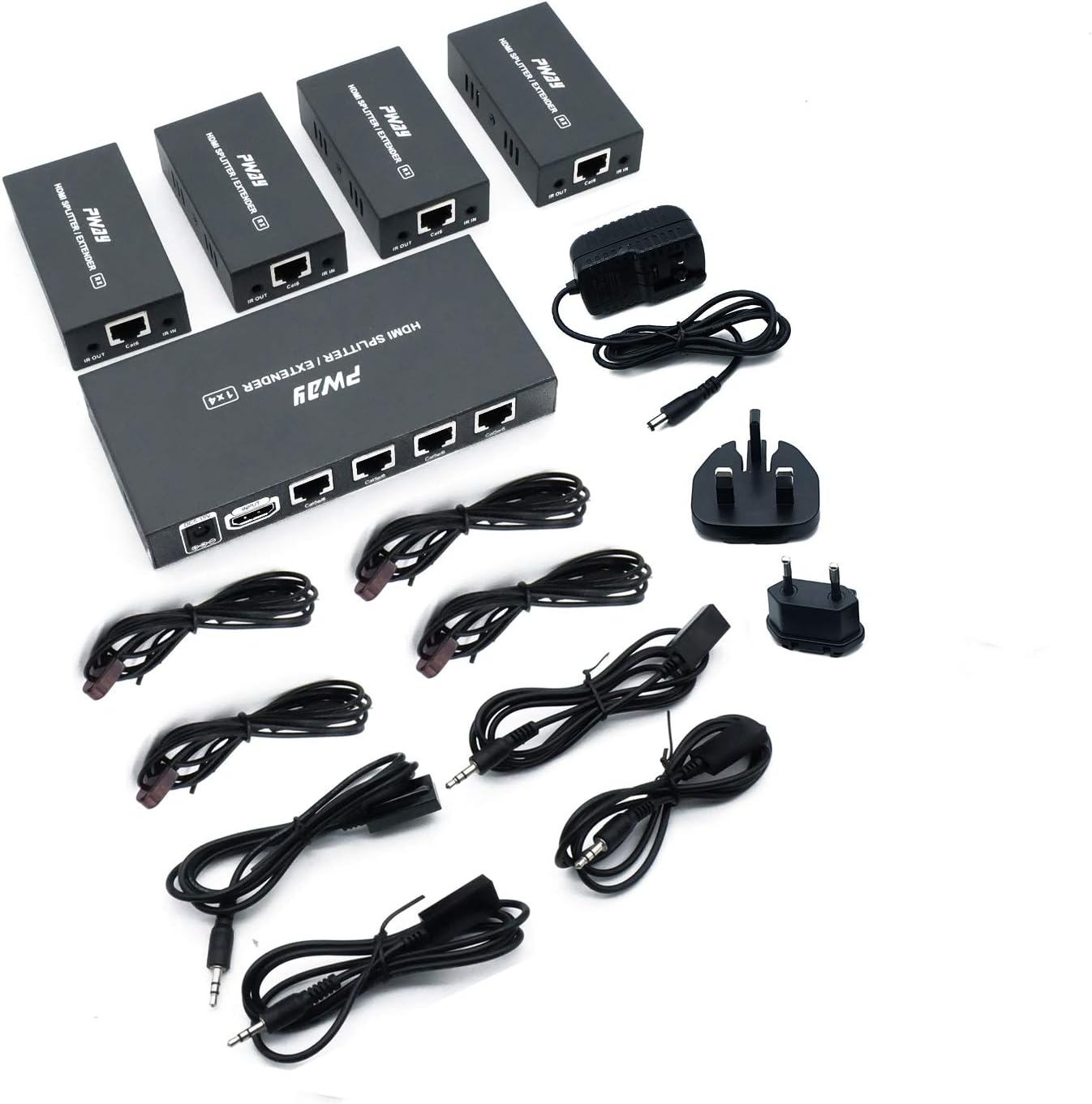 PW-HTS0104IR(POC) HDMI Splitter Extender 1X4 Port Over Cat5e/Cat6 Ethernet Cable With IR Remote Control No delay Up to 60m(196ft) and Resolution Up to 1080P