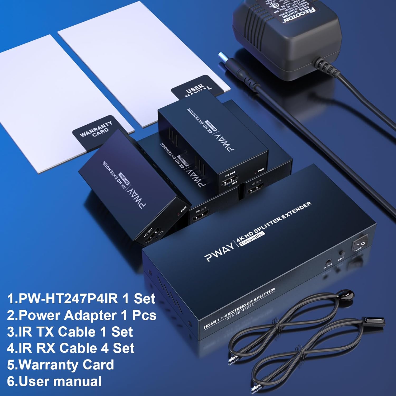 HDMI Extender Splitter 1x4 HD 4K @60Hz Over CAT5/CAT6/CAT7 Ethernet Cable–Up to 196ft-Loop Out-Equipped with IR POC and EDID