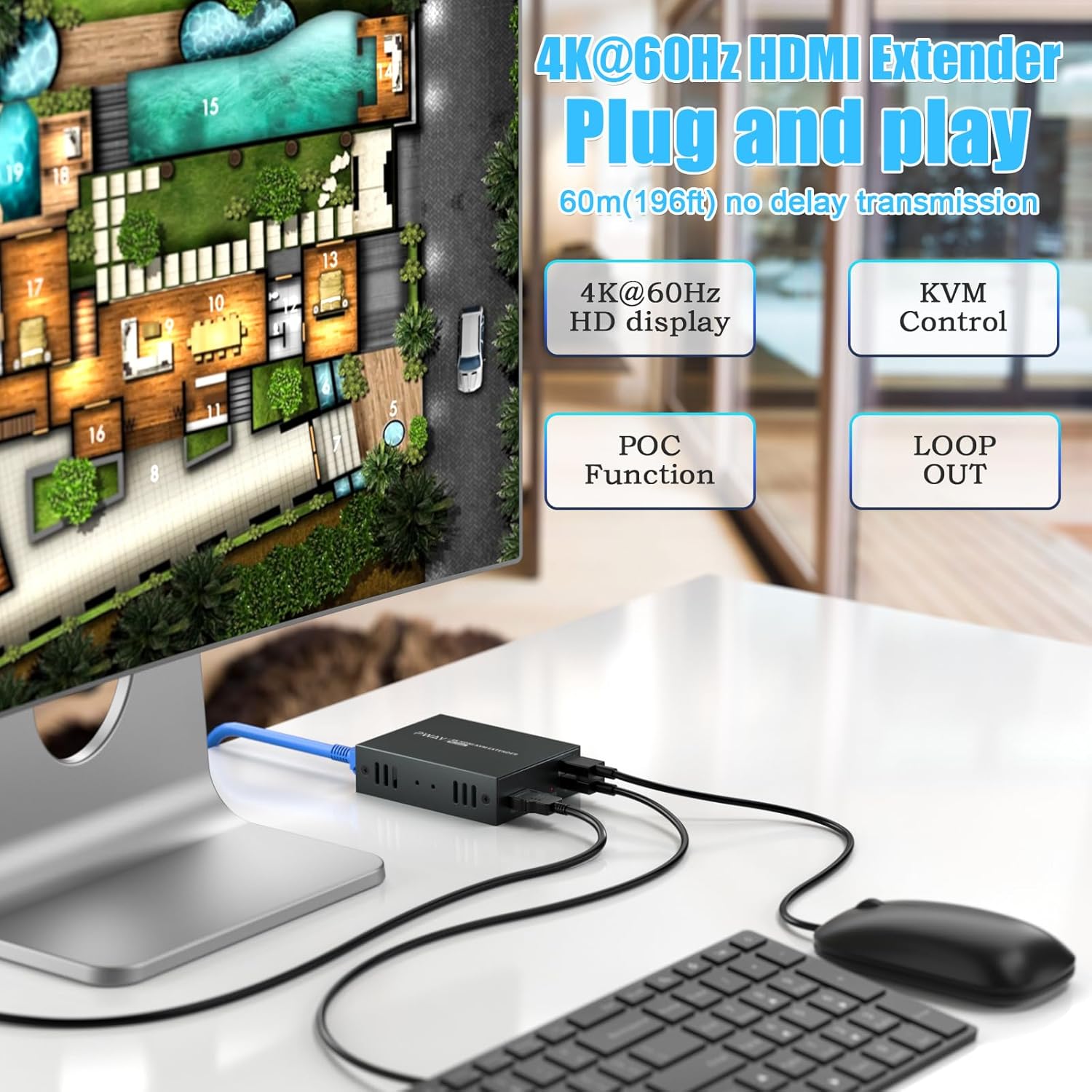 4K HDMI KVM USB Extender, 60m HDMI Over Ethernet Cat5e Cat6, Transmit 4K@60Hz Video Zero Latency