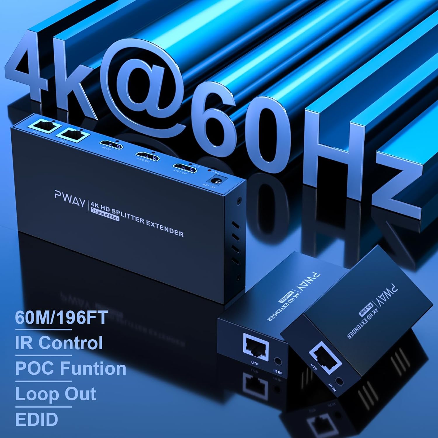 HDMI Extender Splitter1x2 HD 4K @60Hz up to 60m(196ft)-Loop Out-Over CAT5/CAT6/CAT7 Cable HDMI Transmitter and Receiver with IR Power Switch and EDID
