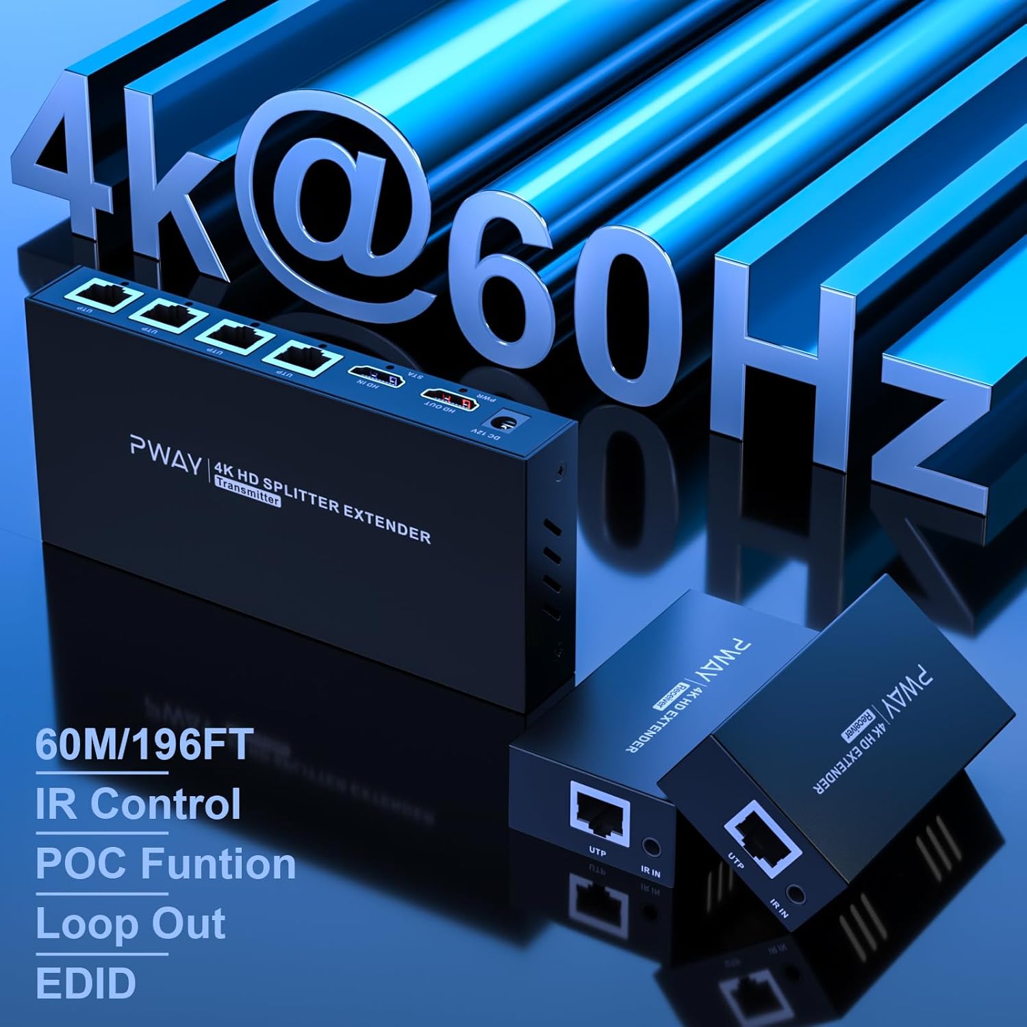 HDMI Extender Splitter 1x4 HD 4K @60Hz Over CAT5/CAT6/CAT7 Ethernet Cable–Up to 196ft-Loop Out-Equipped with IR POC and EDID