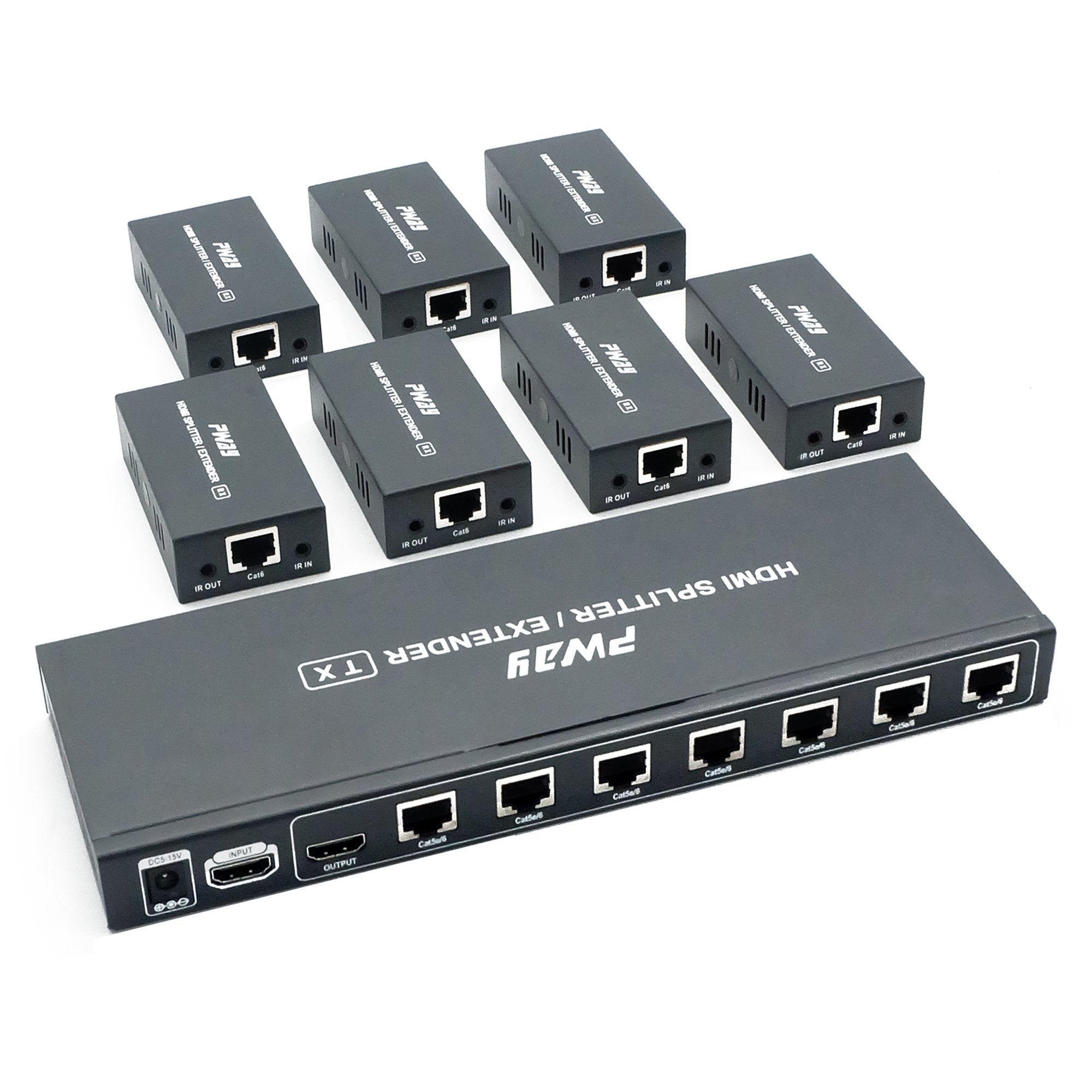 PW-HTS0104IR(POC) HDMI Splitter Extender 1X4 Port Over Cat5e/Cat6 Ethernet Cable With IR Remote Control No delay Up to 60m(196ft) and Resolution Up to 1080P